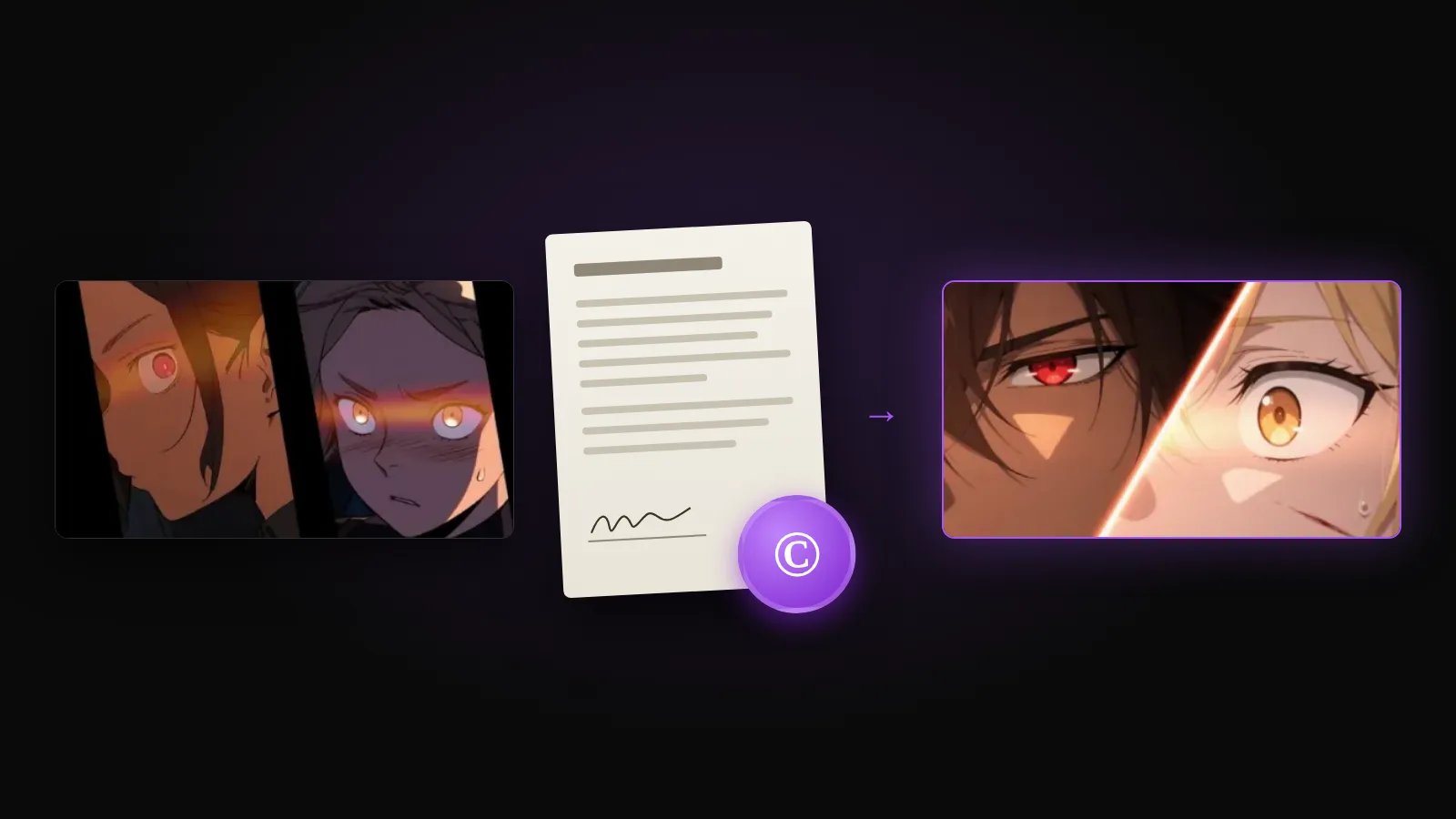 A panel from the Imaginarium webtoon on the left, an adaptation contract with a copyright seal in the middle, and the anime shot made from that panel on the right