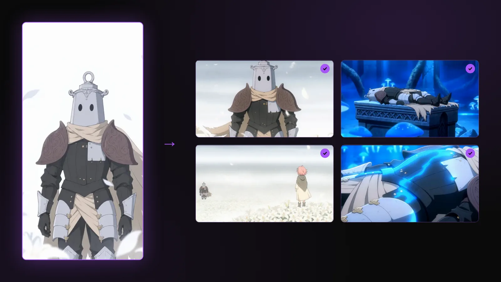 The Lantern Knight from the Lost Garden webtoon: the original vertical panel on the left and four anime shots of the same knight on the right, laid out as a contact sheet to check that the helmet, scarf and pauldrons stay the same