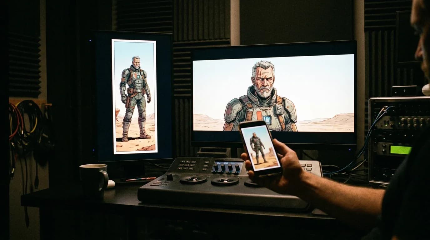 A dark edit suite, a director's hand holding up a phone showing a tall vertical comic panel of a character, next to a widescreen monitor showing the same character reframed in a cinematic 16:9 frame, cinematic still