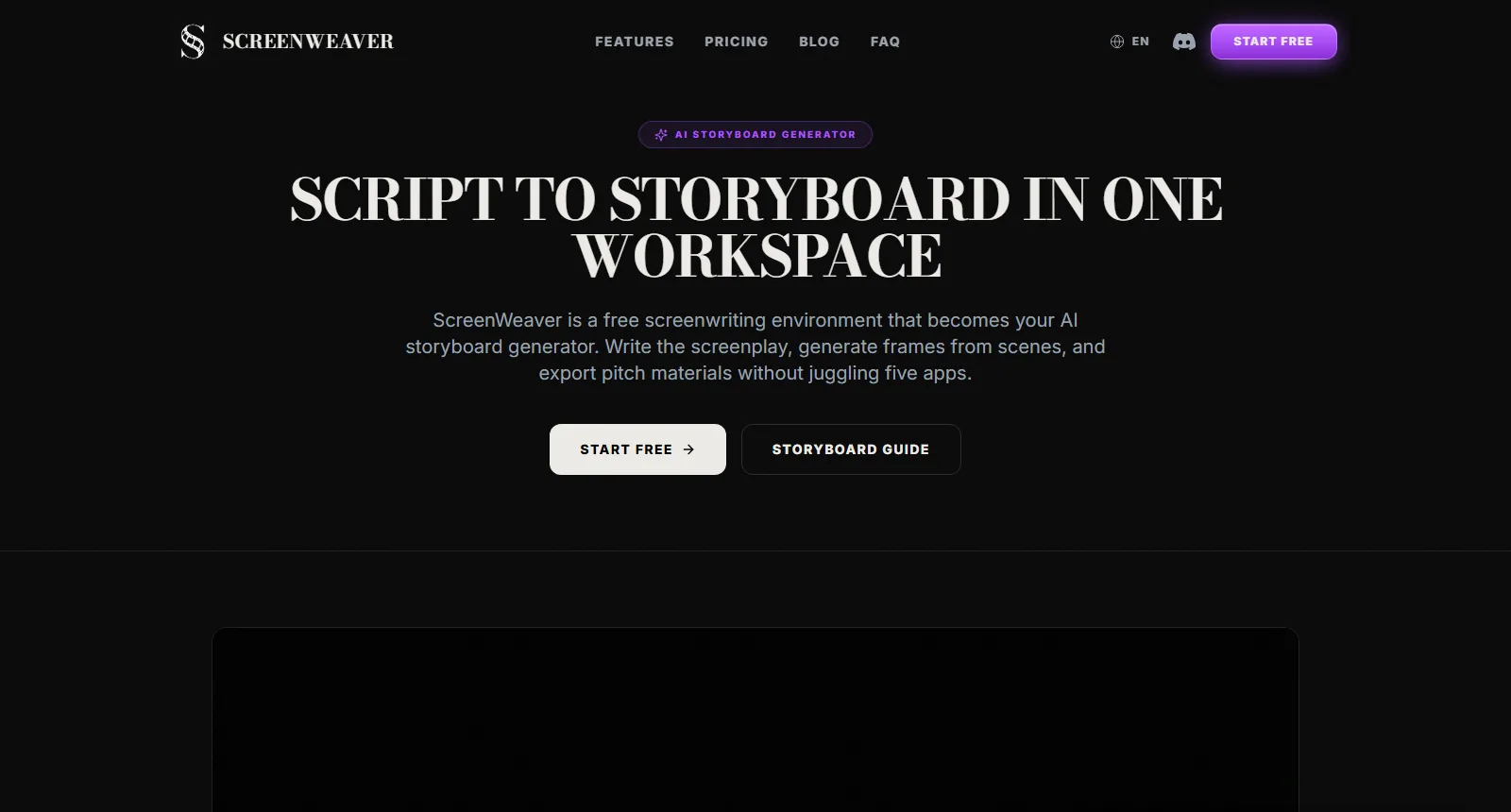 The ScreenWeaver AI storyboard generator landing page, headline "Script to storyboard in one workspace", with the start free and storyboard guide buttons
