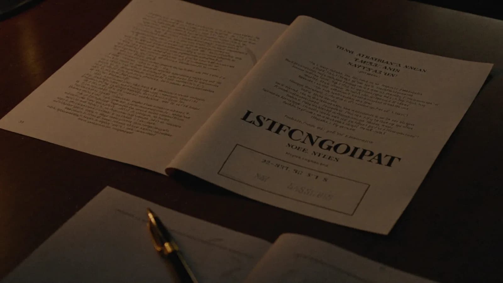 A screenplay title page corner with a small stamped registration number, desk lamp light, cinematic still