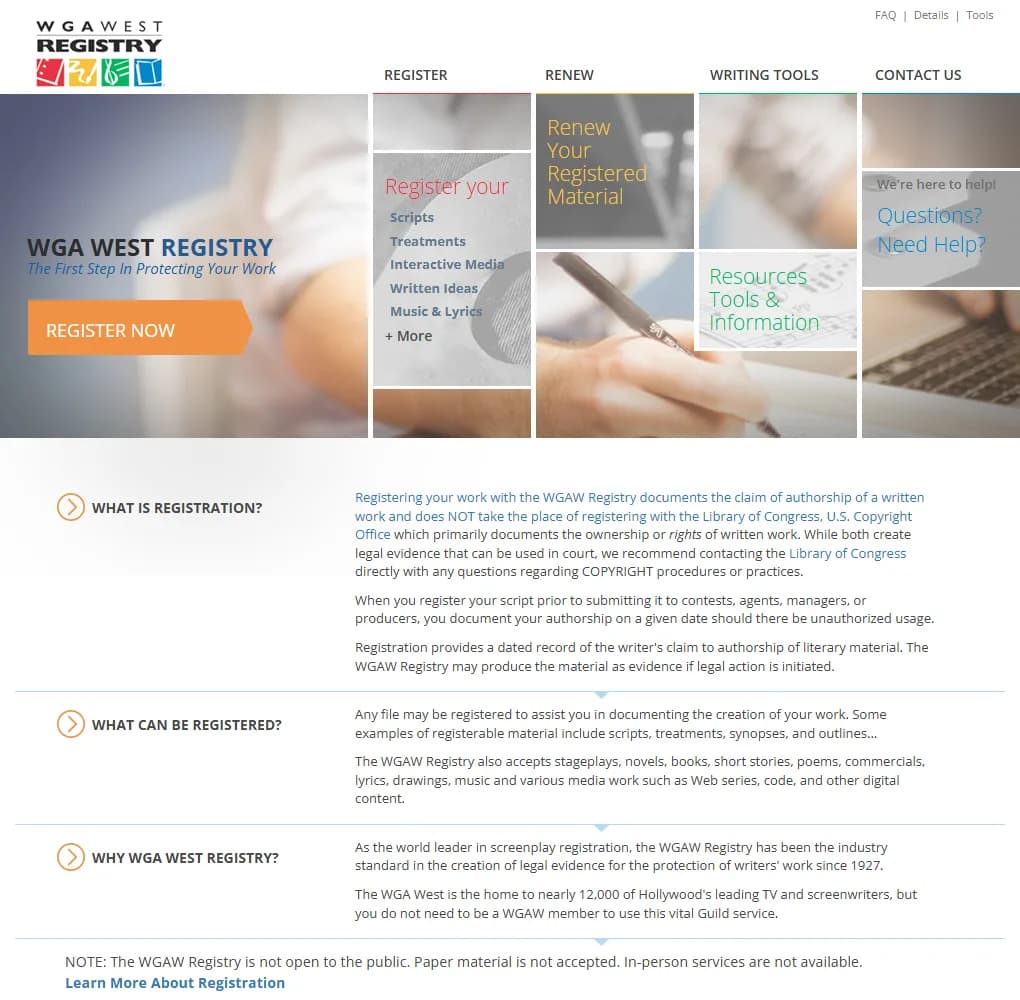 WGA West Registry home page, whose What is registration section states that registering with the WGAW Registry documents the claim of authorship and does not take the place of registering with the U.S. Copyright Office