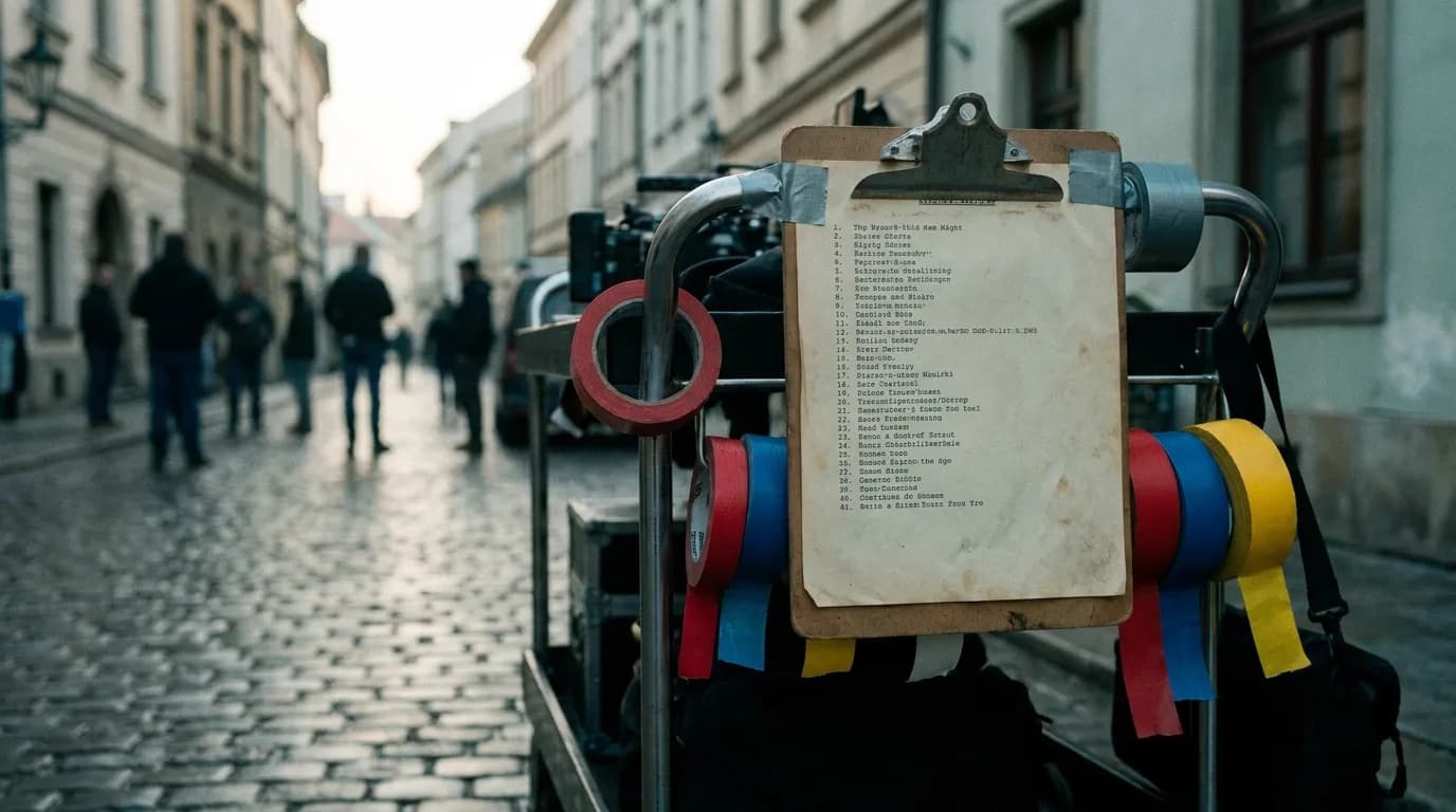 A first assistant director's clipboard with a numbered shot list taped to a camera cart on an early morning location street, rolls of gaffer tape hanging from the cart handle, cinematic still