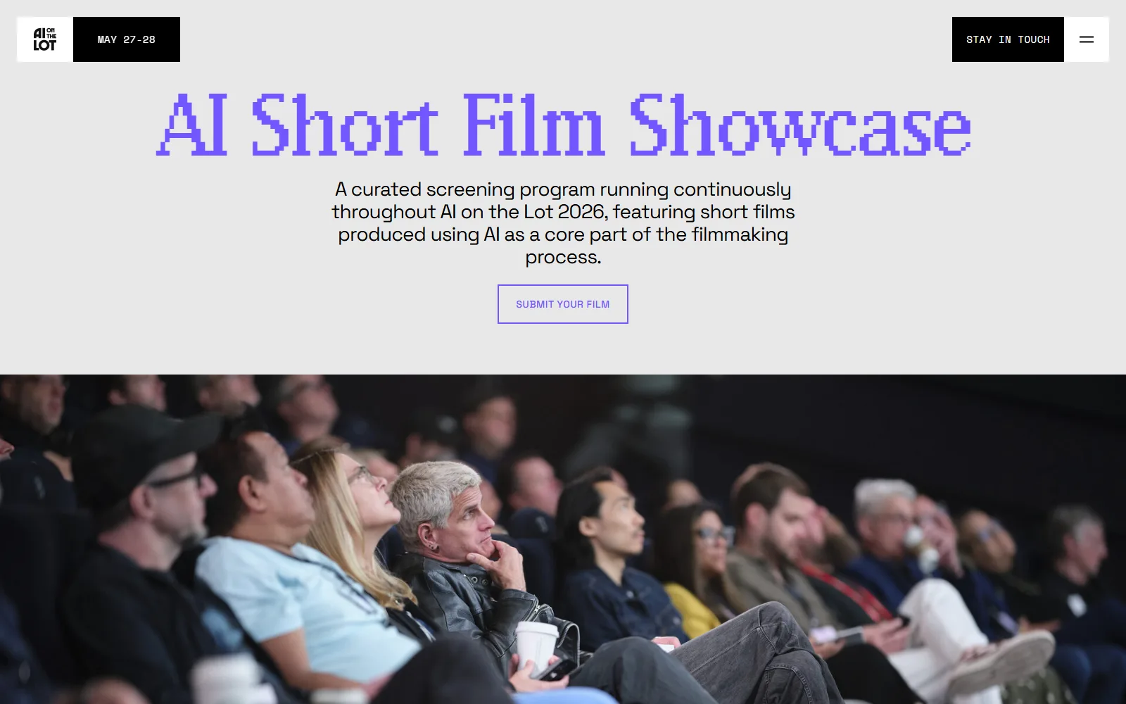 The AI Short Film Showcase page for AI on the Lot, describing a curated screening programme running continuously through the conference, with a Submit Your Film button above a photo of a seated conference audience