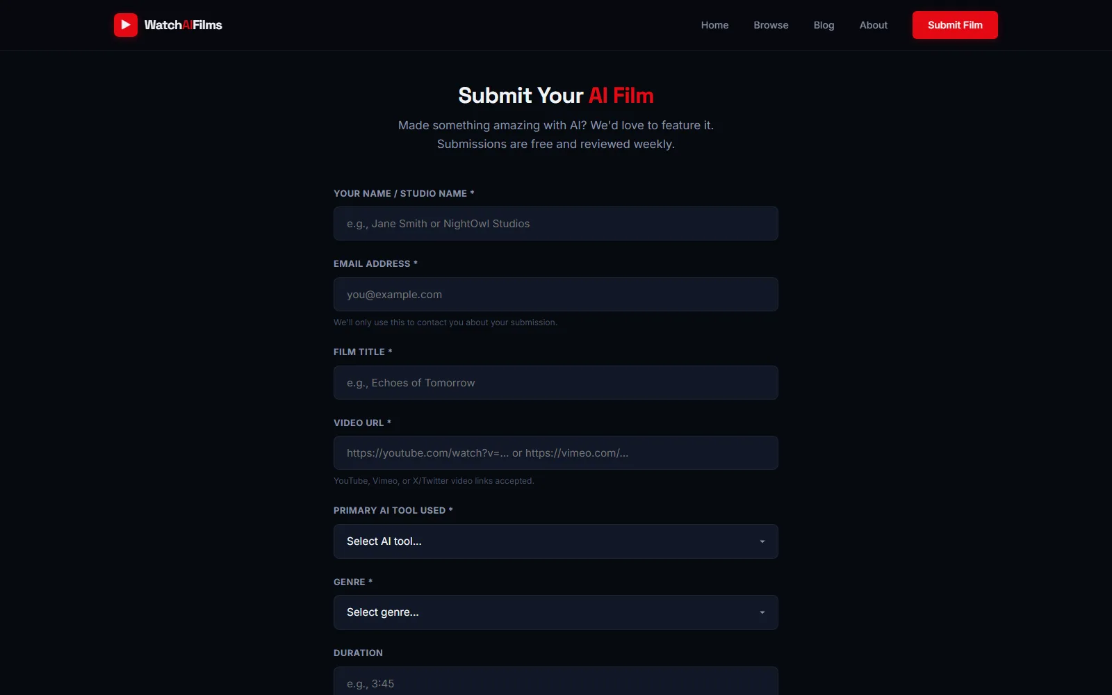 The Watch AI Films submission form, asking for name, email, film title, a YouTube or Vimeo video URL, the primary AI tool used, genre and duration, and stating that submissions are free and reviewed weekly