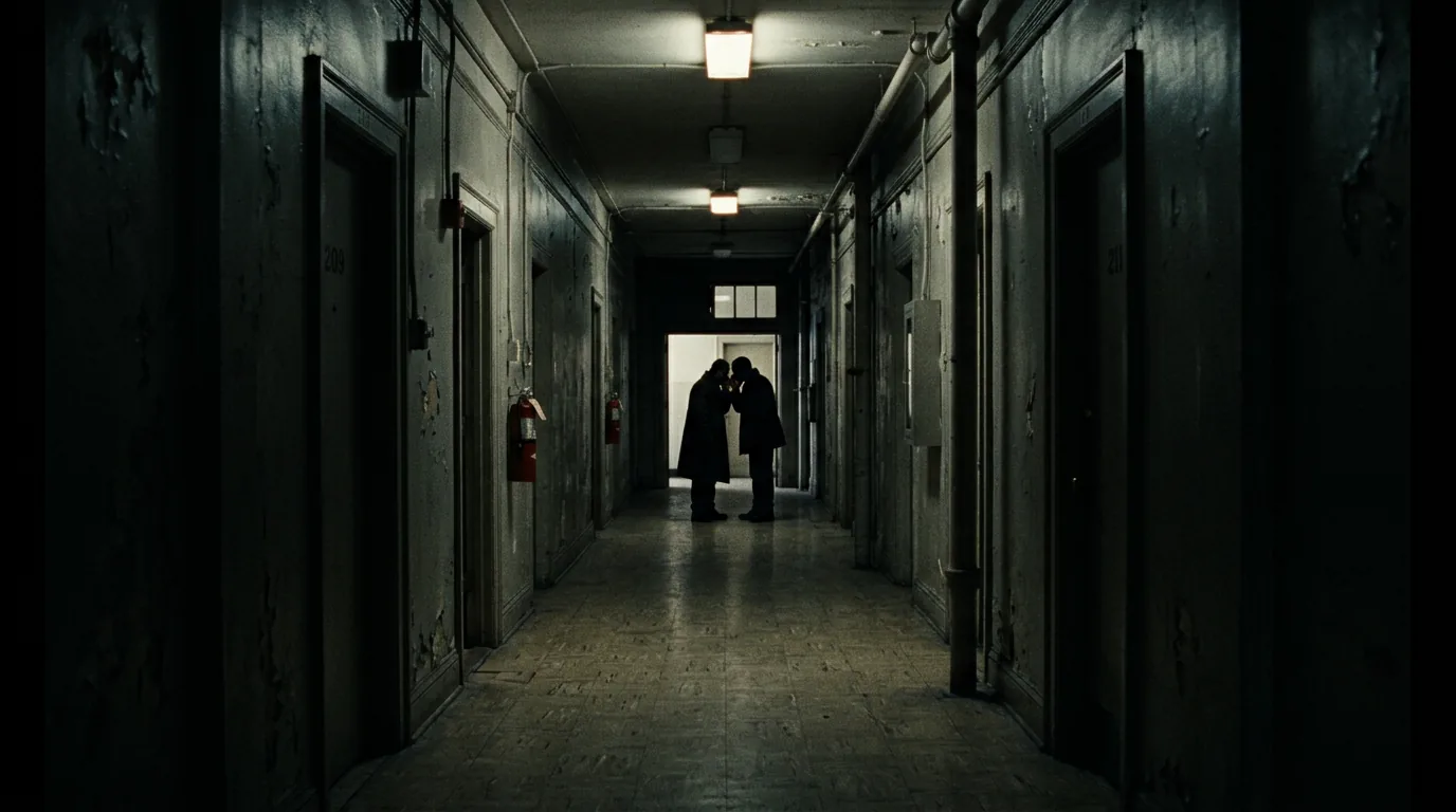 Figures whispering at corridor end; cinematic film still