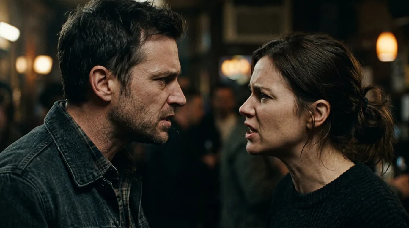 Close profiles in conflict; cinematic film still