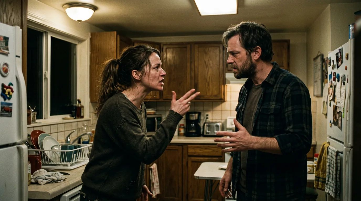 Cinematic 35mm film still: kitchen argument under practical light