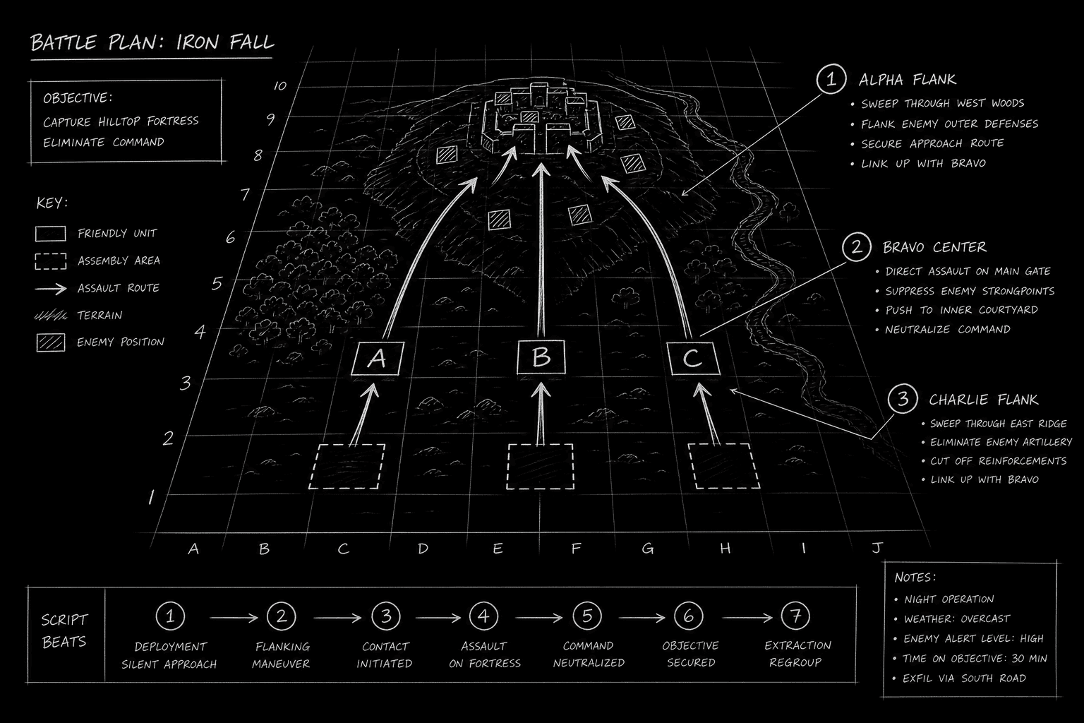 Dark mode technical sketch: battlefield grid with unit markers on screenplay page, thin white lines on black
