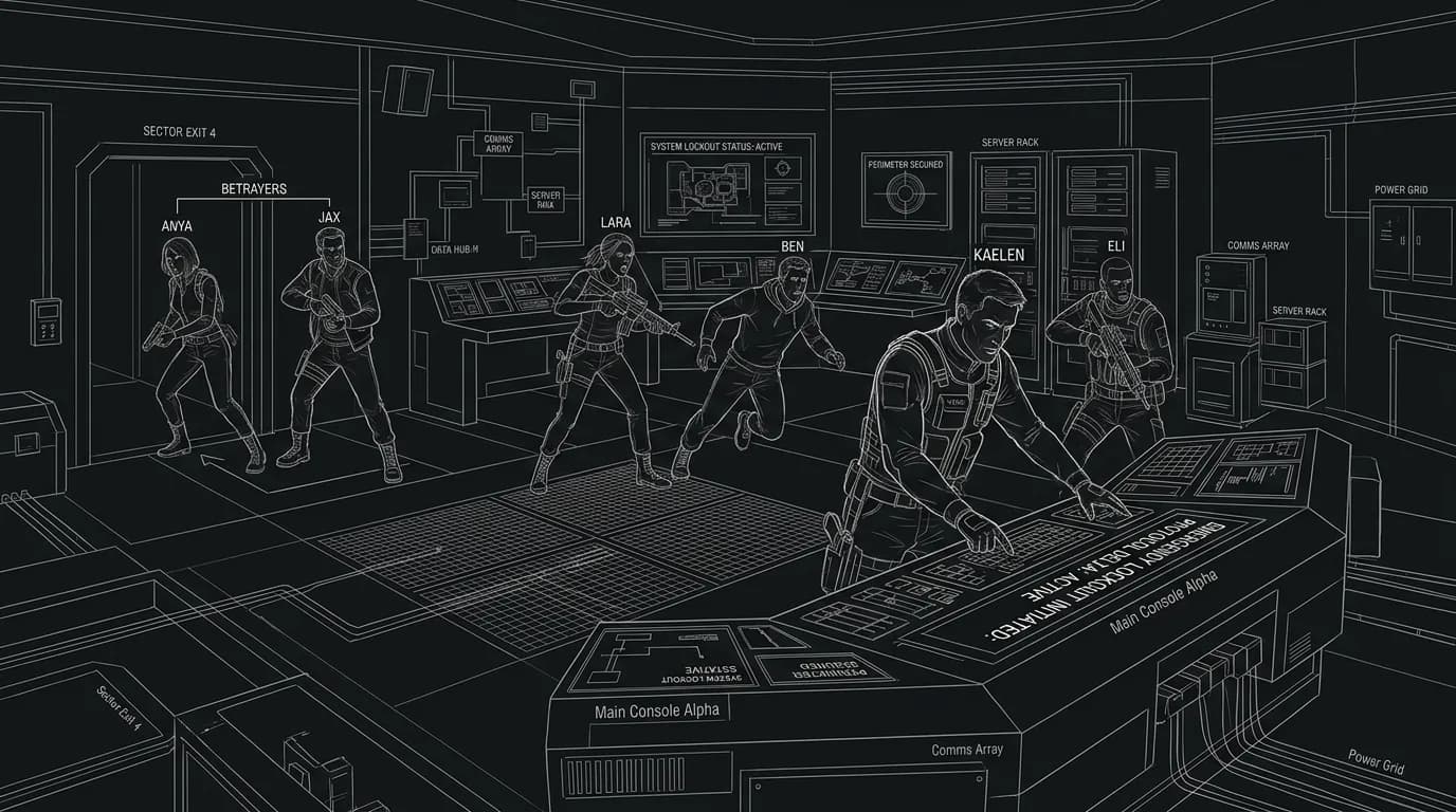 Dark mode technical sketch of protagonist locking down access after betrayal reveal while team fractures