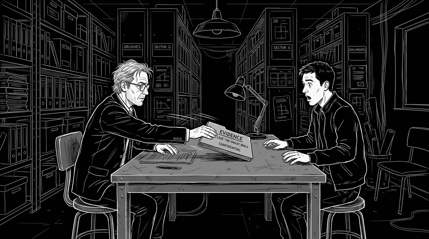 Dark mode technical sketch of two characters confronting betrayal evidence across a table