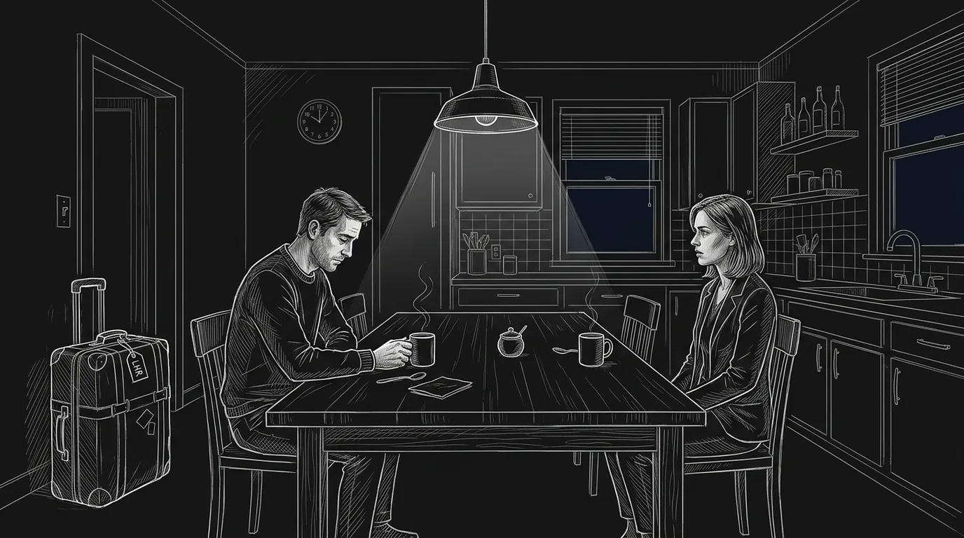 Dark mode technical sketch of two characters at opposite ends of a table after a breakup