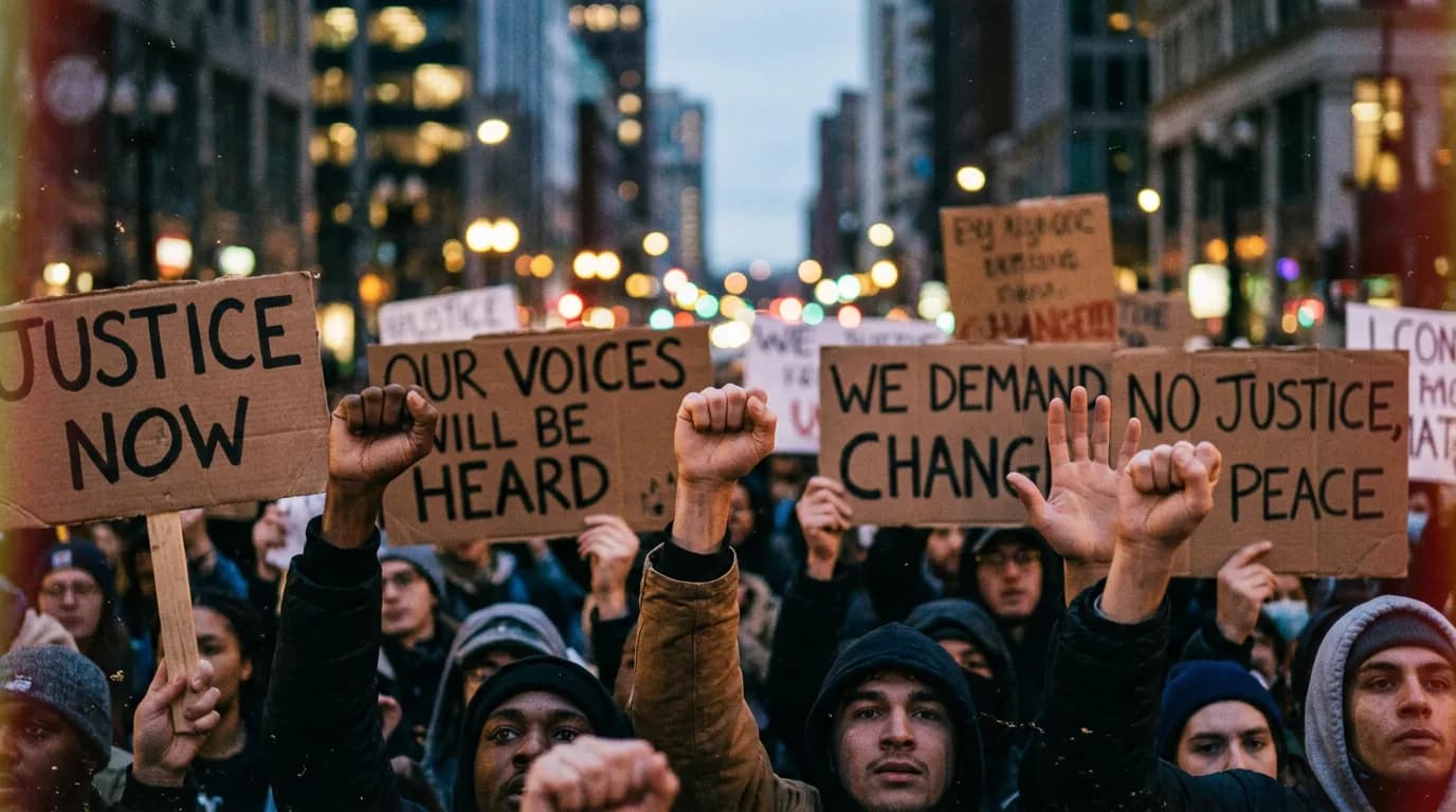 Raised hands and signs; cinematic film still
