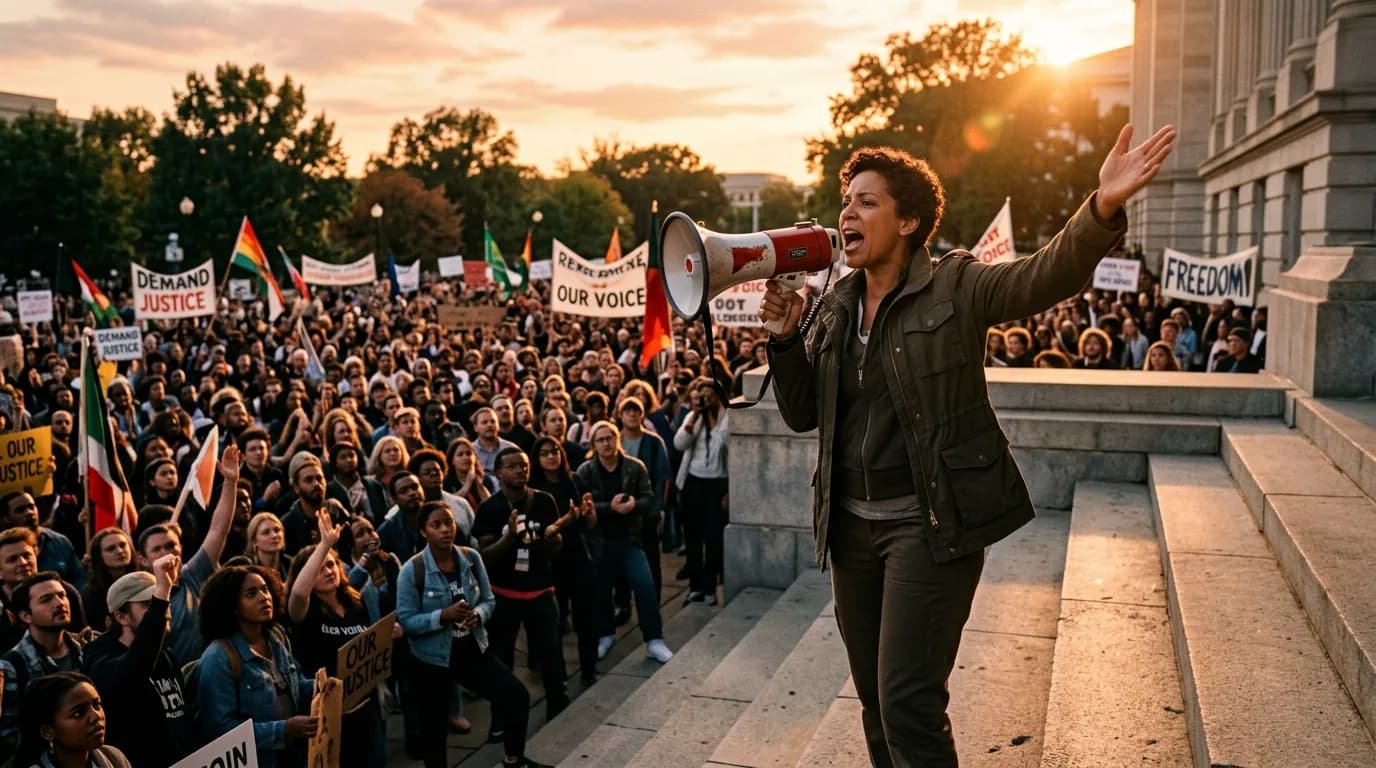 Leader with megaphone; cinematic film still
