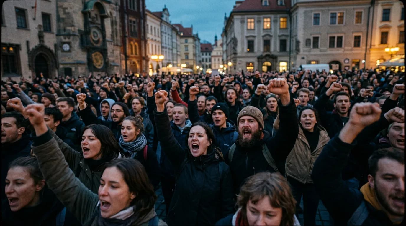 Cinematic 35mm film still: crowd chanting at dusk, handheld energy