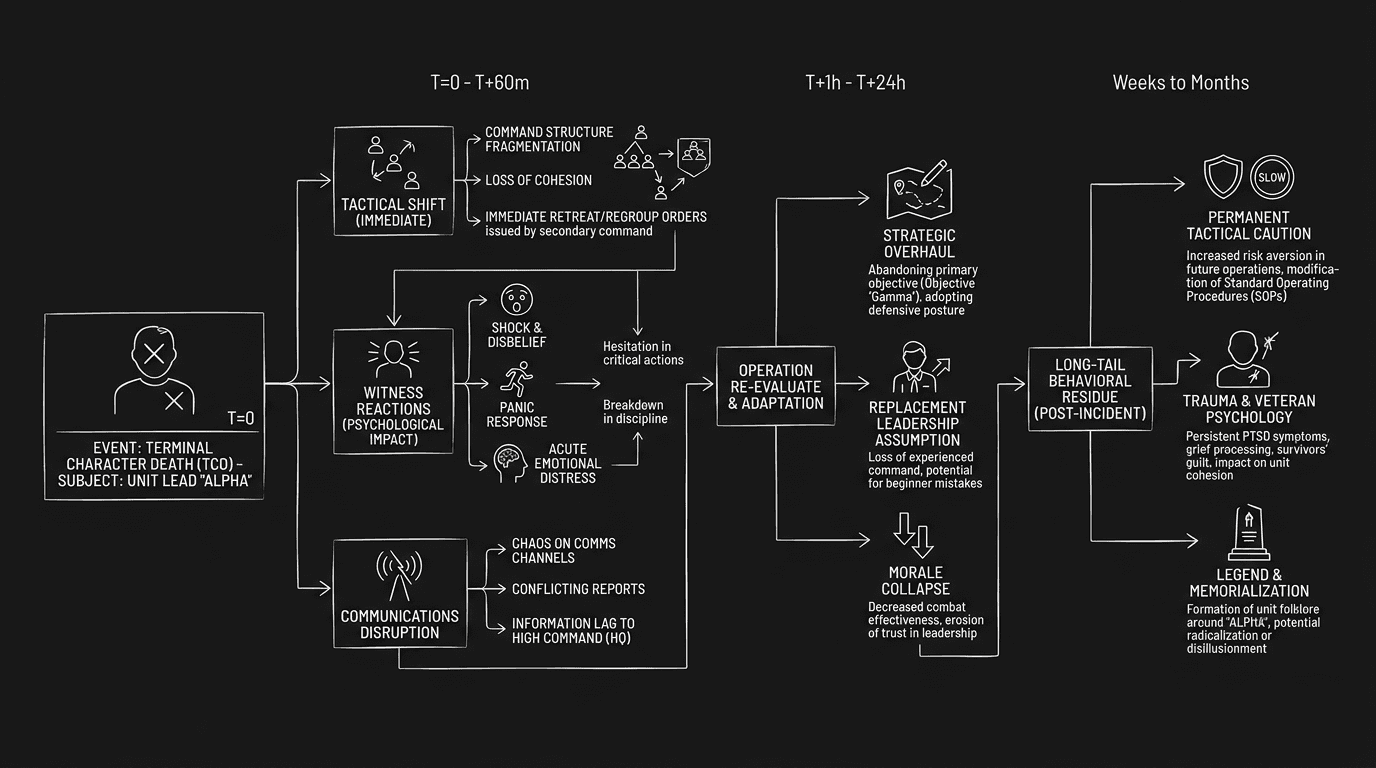 Dark mode technical sketch of death scene consequence map linking terminal event to immediate tactical shifts and long-tail residues