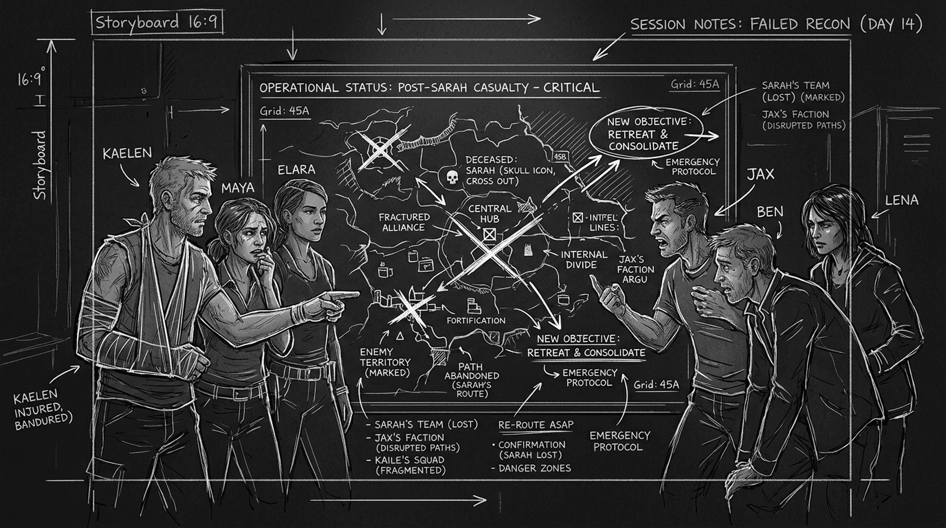 Dark mode technical sketch of survivors adapting strategy after a character death with fractured alliance lines