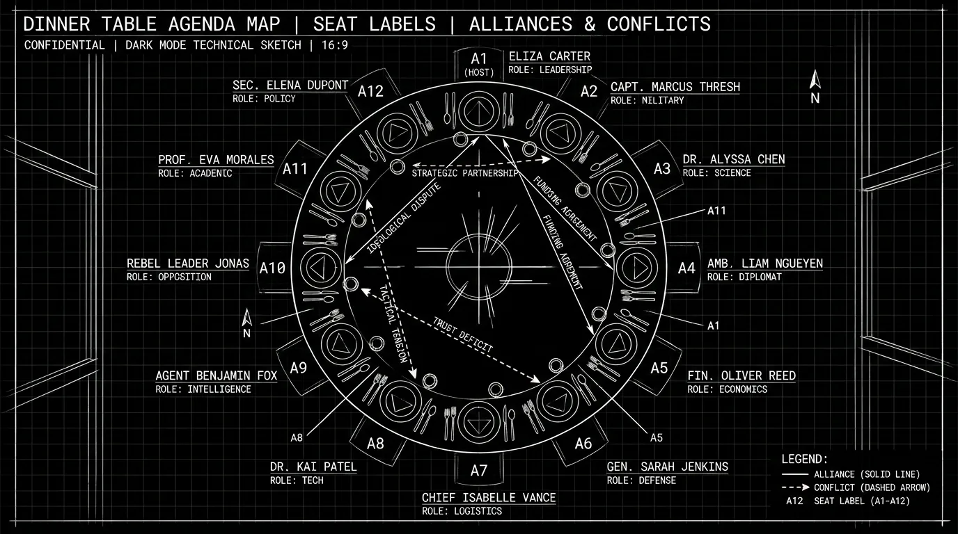 Dark mode technical sketch of dinner table with seat-by-seat agenda map and alliance lines