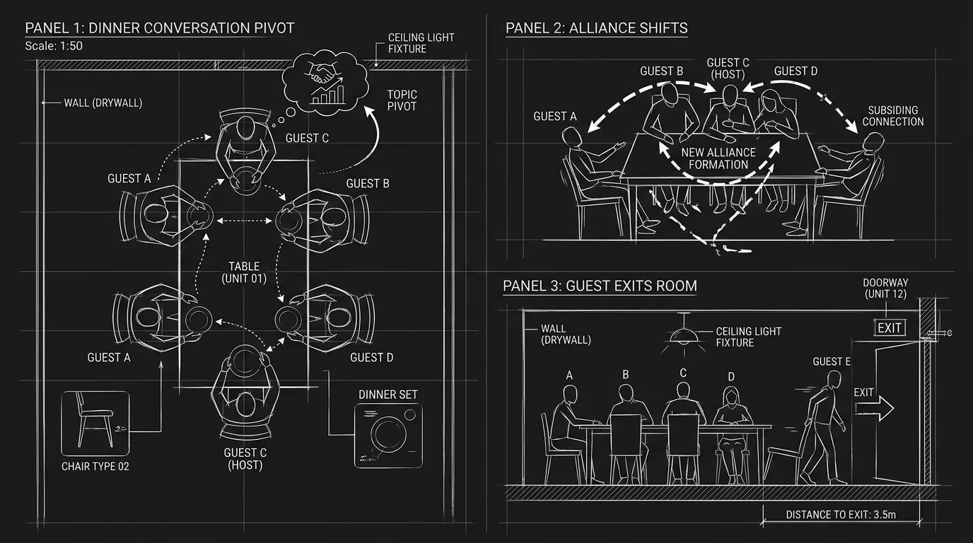 Dark mode technical sketch of dinner scene pivot moment followed by shifting alliances and one guest exiting