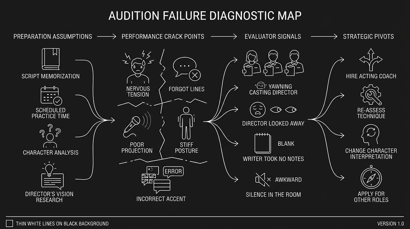 Dark mode technical sketch of audition failure diagnostic map linking prep assumptions, crack points, and strategy pivots
