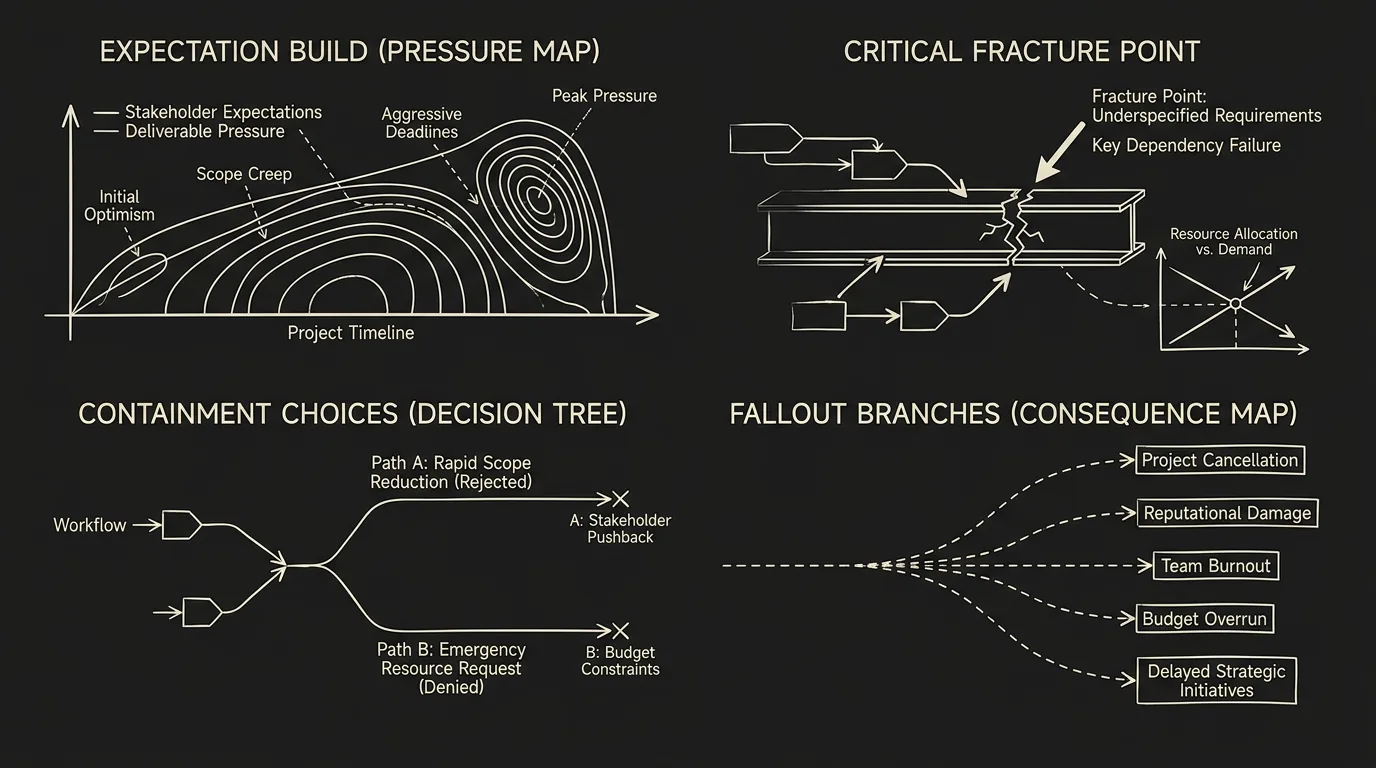 Dark mode technical sketch of failed proposal pressure map with expectation build, fracture point, and fallout branches
