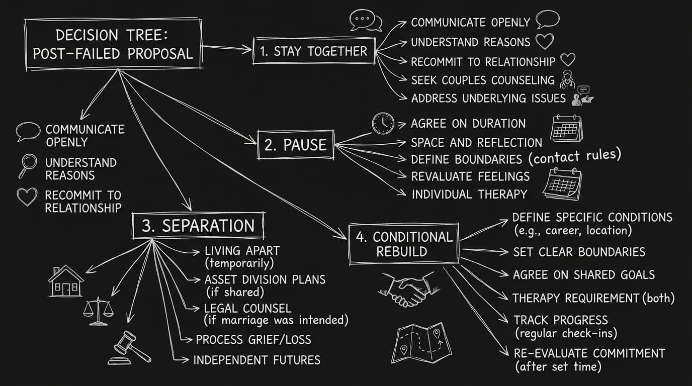 Dark mode technical sketch of post-proposal decision tree showing stay, pause, separate, and conditional paths
