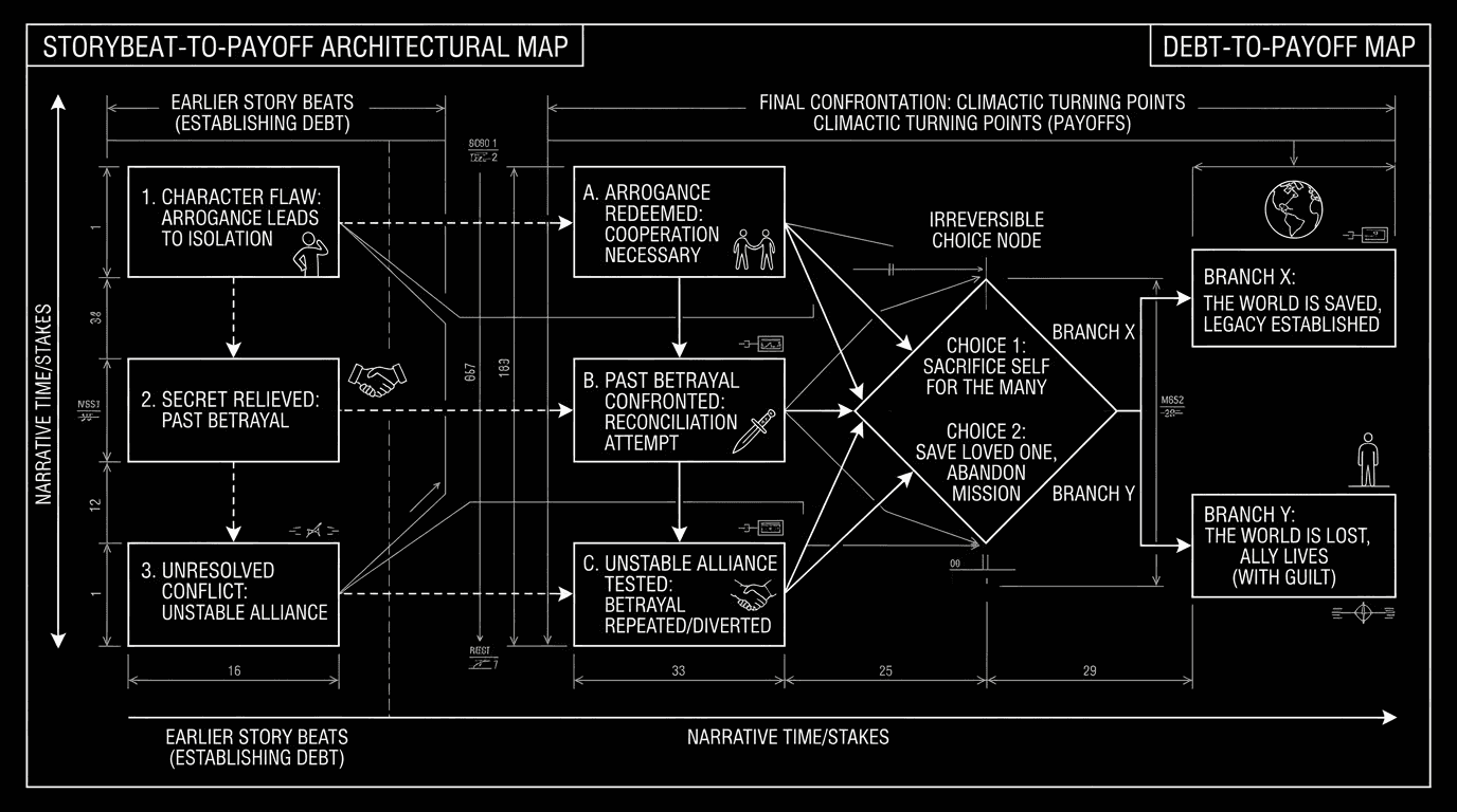 Dark mode technical sketch of debt-to-payoff map linking earlier story beats to confrontation turning points
