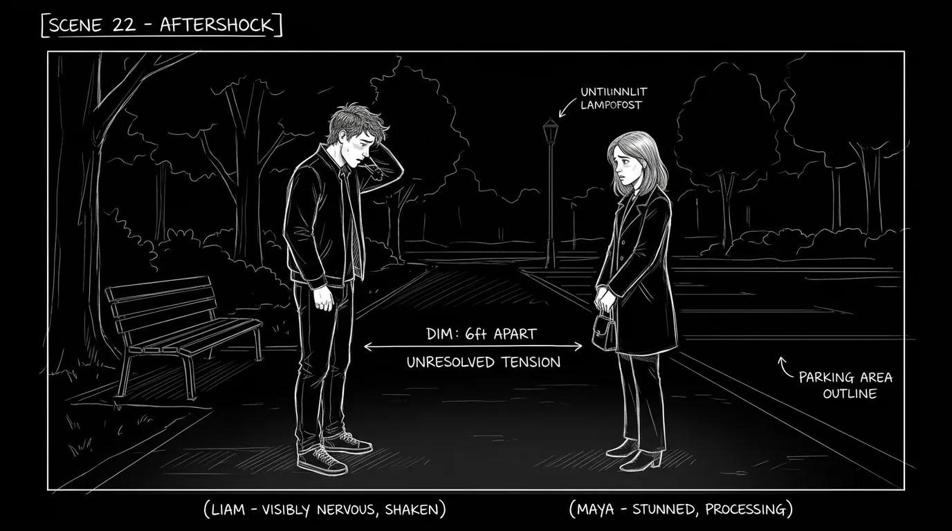 Dark mode technical sketch of two characters after a first kiss, standing apart with new emotional distance and unresolved tension