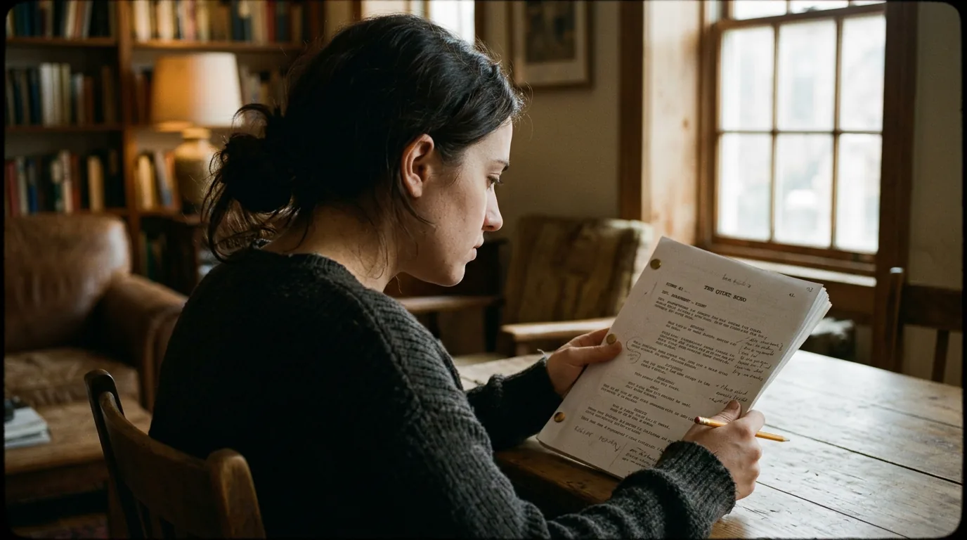 Over-shoulder reading a script; cinematic film still