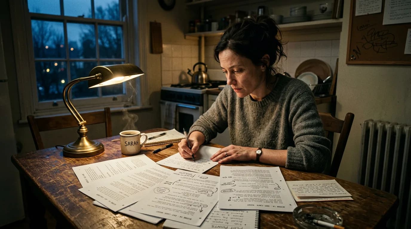 Cinematic 35mm film still: writer at dawn with screenplay pages, visible grain