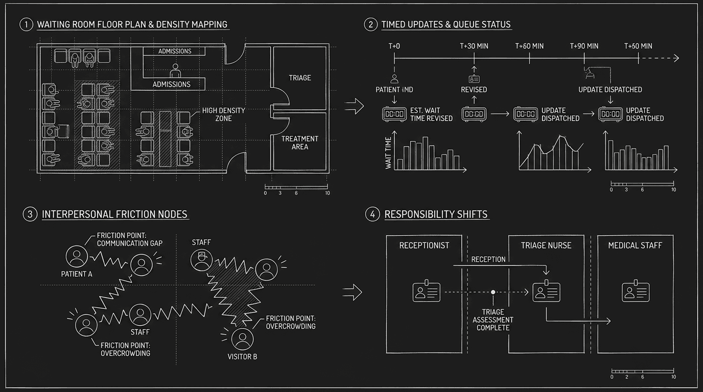 Dark mode technical sketch of hospital waiting room pressure grid showing unknowns, updates, and shifting responsibilities