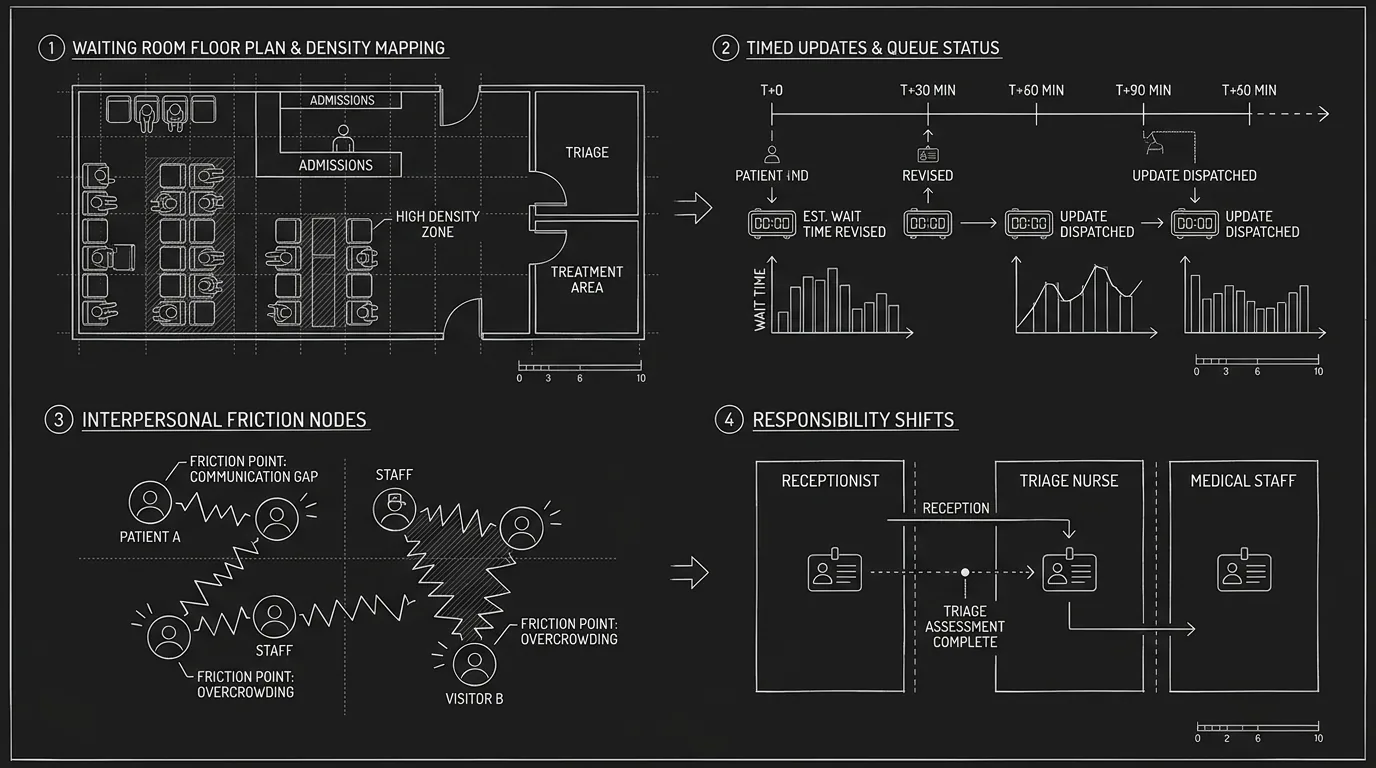 Dark mode technical sketch of hospital waiting room pressure grid showing unknowns, updates, and shifting responsibilities