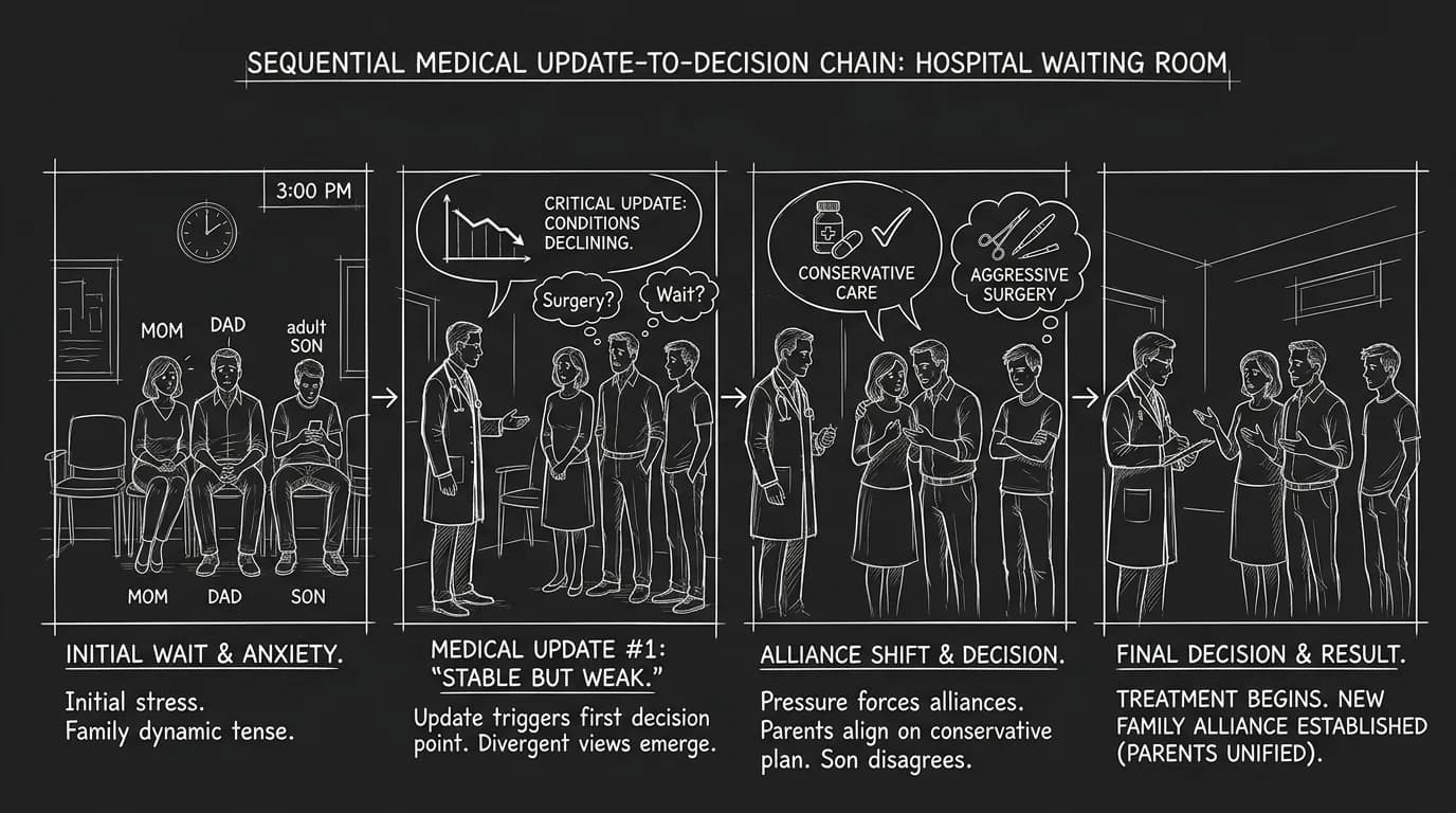 Dark mode technical sketch sequence where hospital updates trigger escalating decisions among family members