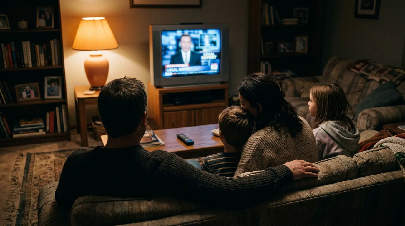 Family watching TV news; cinematic film still