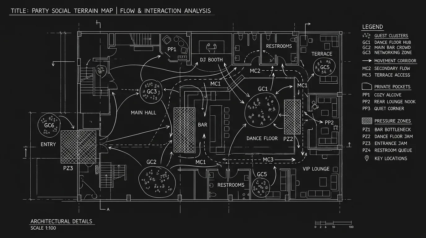 Dark mode technical sketch of party social map with clusters, movement corridors, and pressure zones