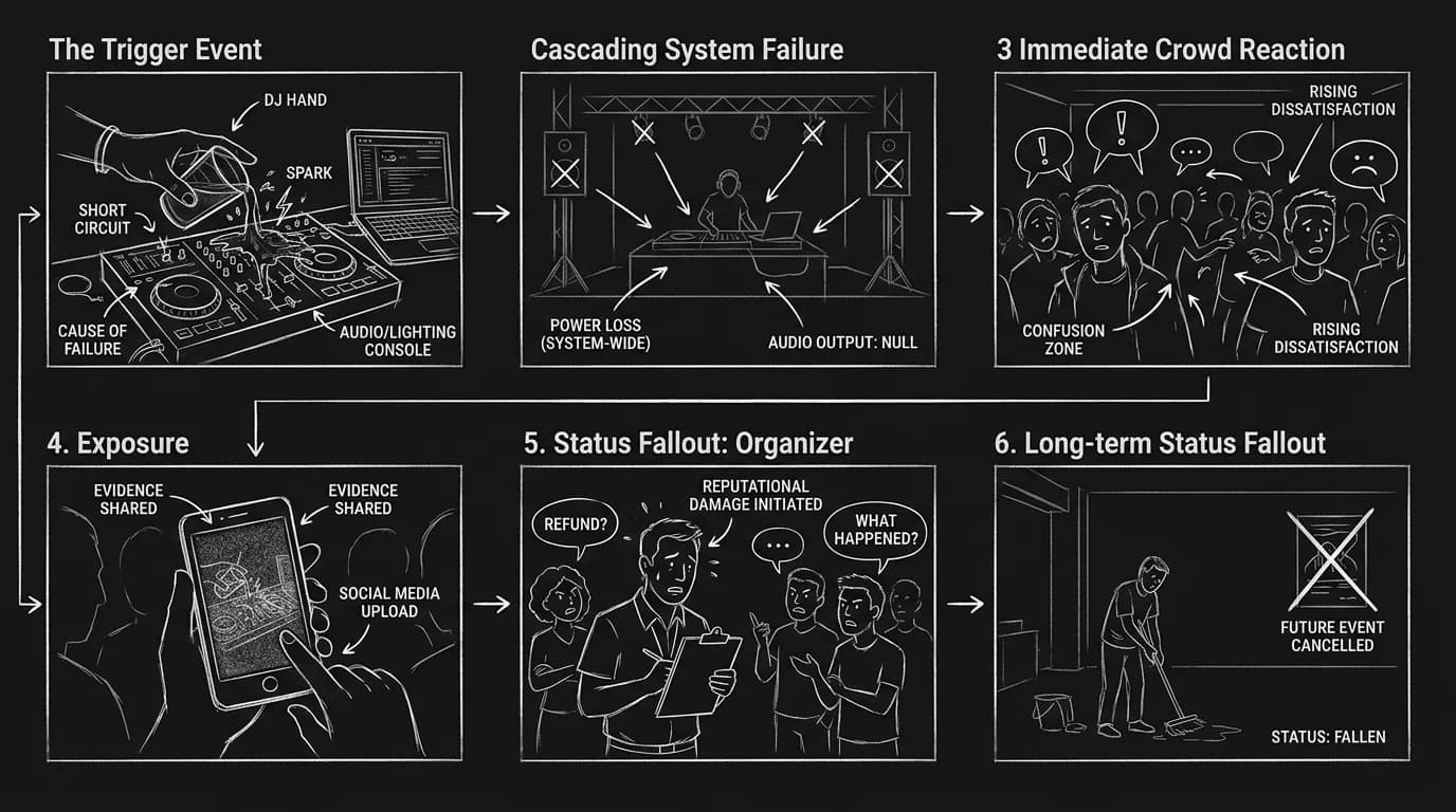 Dark mode technical sketch sequence showing party trigger event cascading into exposure and status fallout