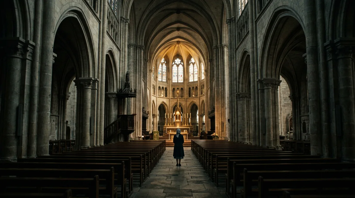 Wide view toward altar; cinematic film still