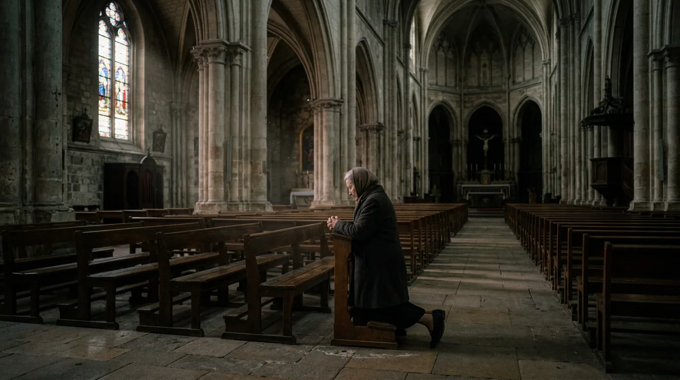 Cinematic 35mm film still: figure kneeling in church light