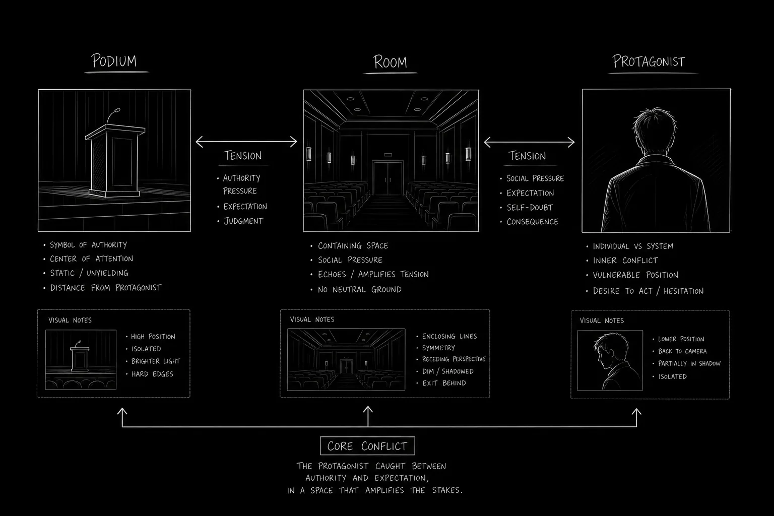 Three-channel diagram: podium, press room, protagonist with tension arrows; dark mode technical sketch, thin white lines on black background
