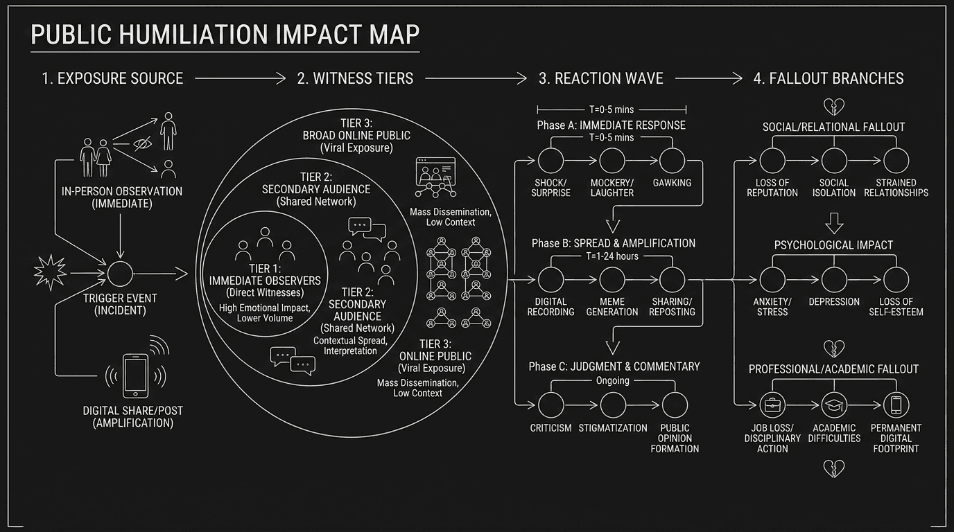 Dark mode technical sketch of public humiliation impact map with exposure source, witness tiers, and fallout branches