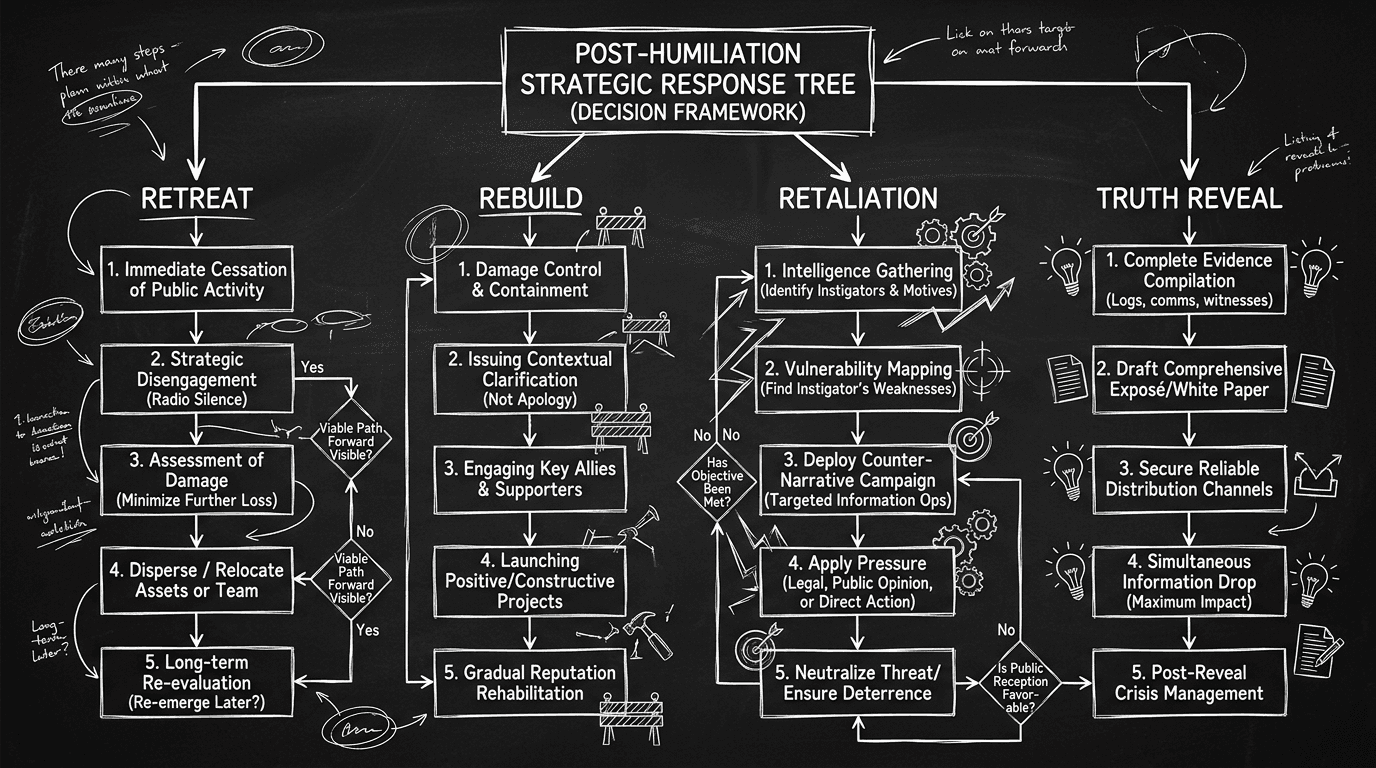 Dark mode technical sketch of post-humiliation response paths including retreat, rebuild, retaliation, and truth reveal