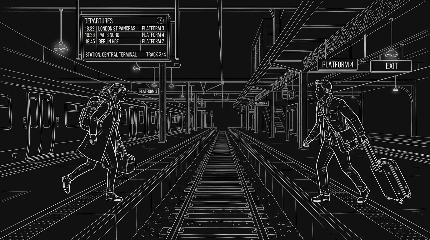 Technische Skizze auf dunklem Grund: zwei Menschen sehen sich nach Jahren auf einem Bahnsteig wieder
