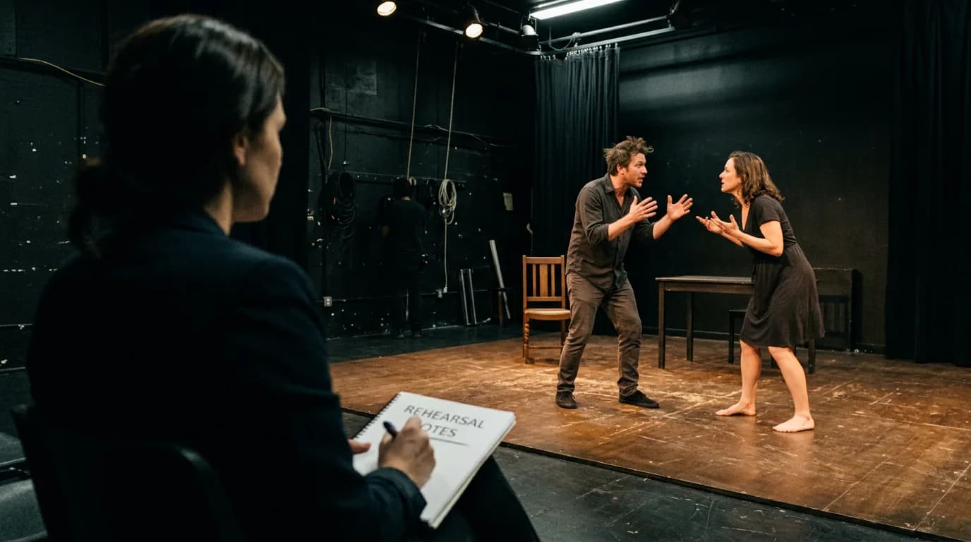 Silent rehearsal in black box theater; cinematic film still