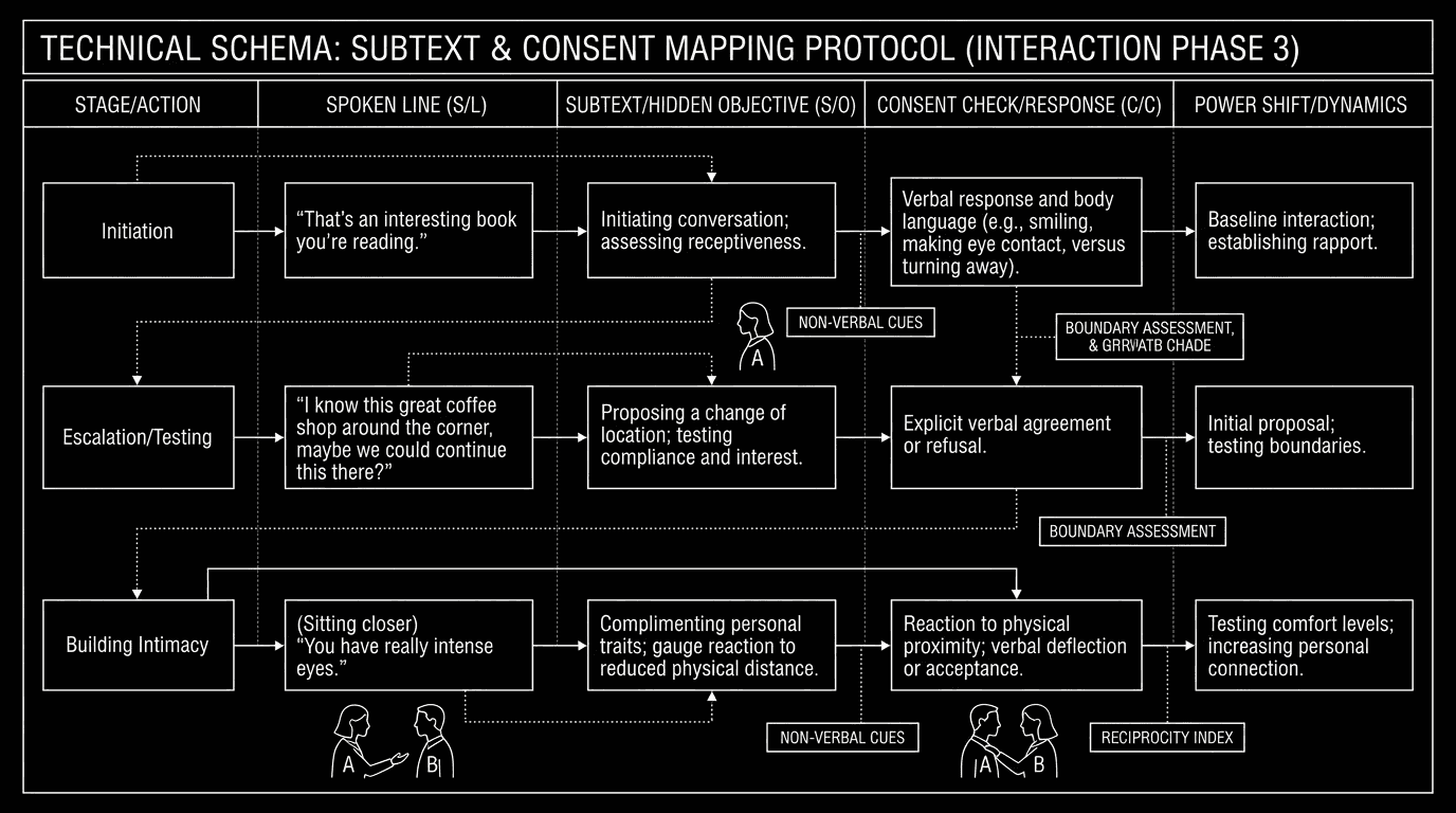 Dark mode technical sketch of seduction subtext matrix mapping spoken lines against hidden objectives and power shifts