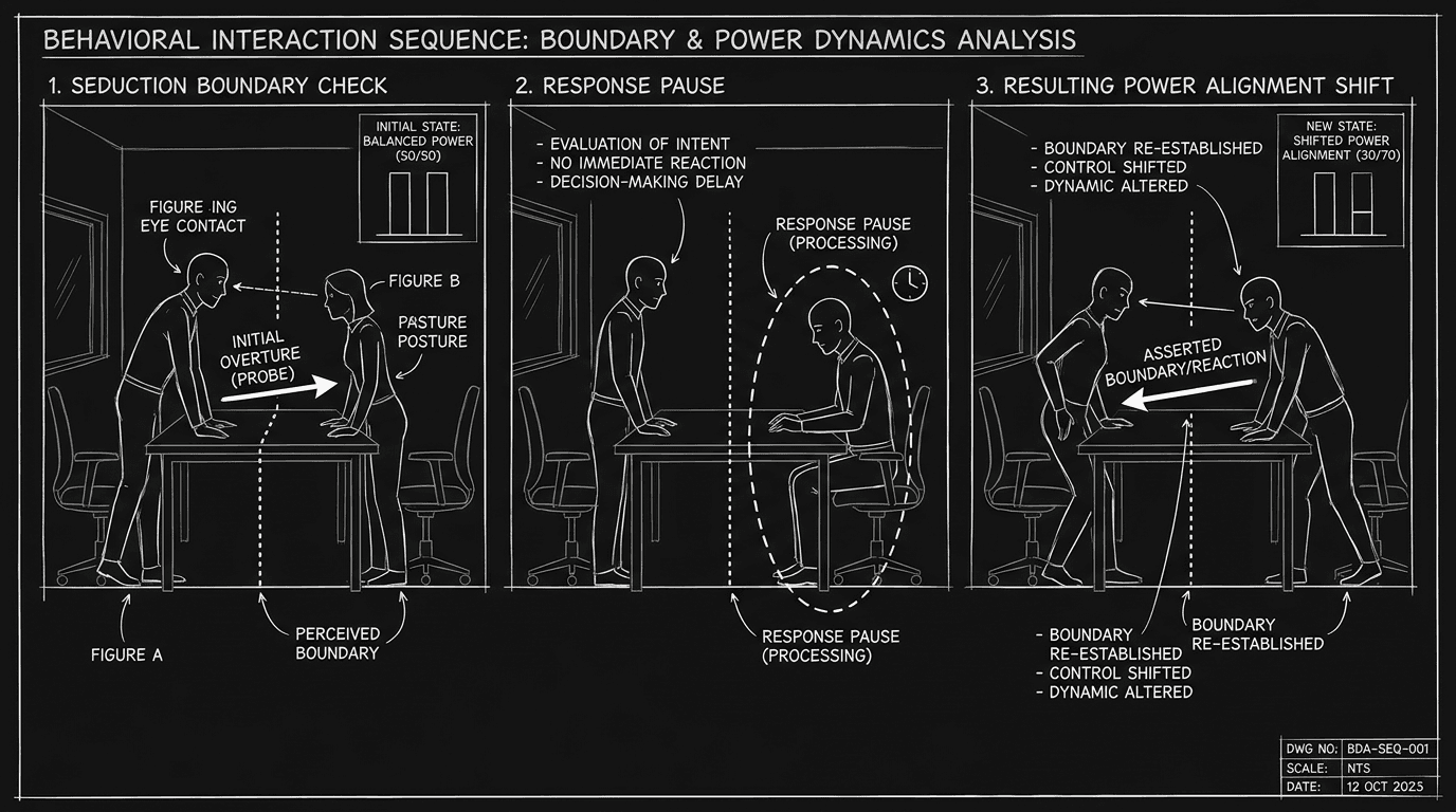Dark mode technical sketch sequence showing seduction boundary check followed by shifted power alignment