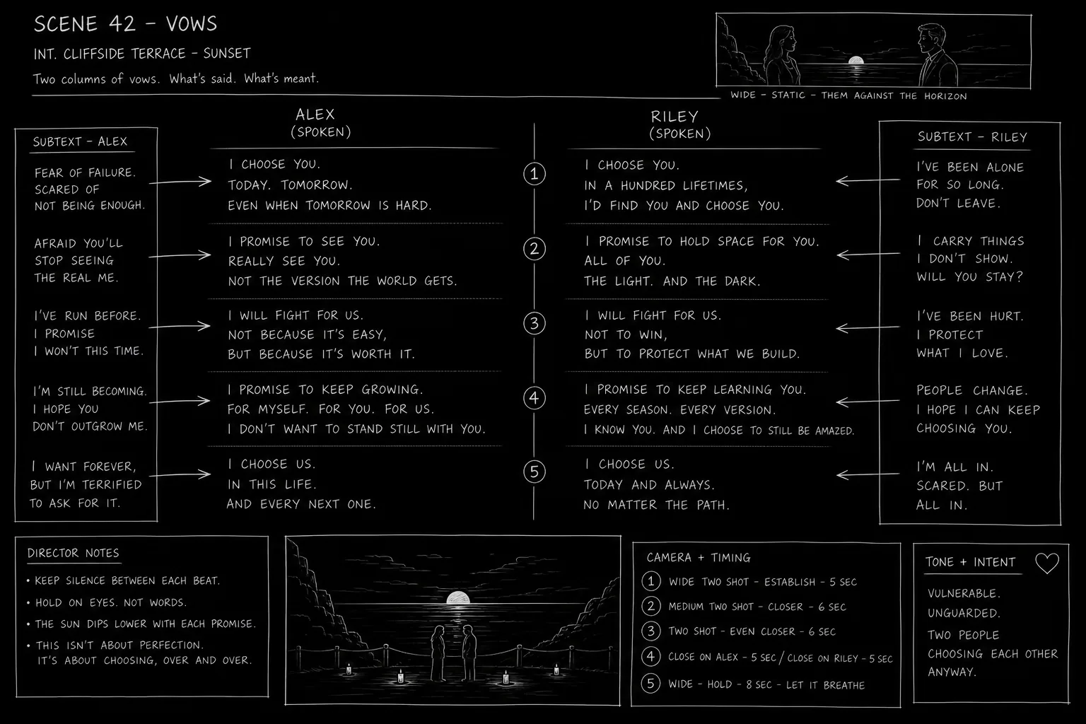 Wedding vow exchange as tight dialogue blocks with subtext notes; dark mode technical sketch