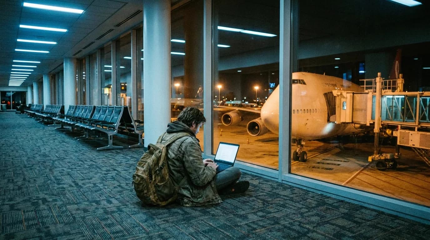 A lone traveler sitting on the floor of a deserted airport departure gate at night, laptop open on their knees, a widebody parked at the jet bridge behind the glass, cinematic still