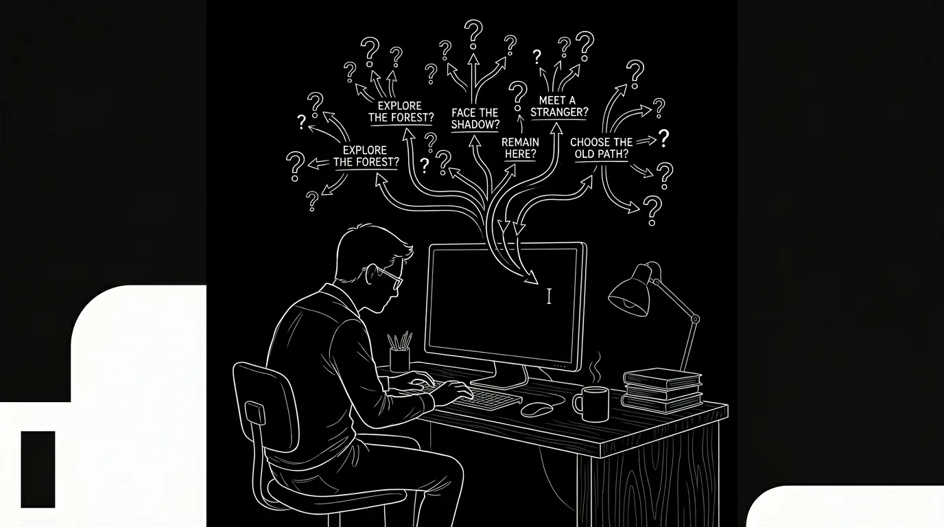 Dark mode technical sketch: writer at desk, cursor on one line, branching paths above; thin white lines on black