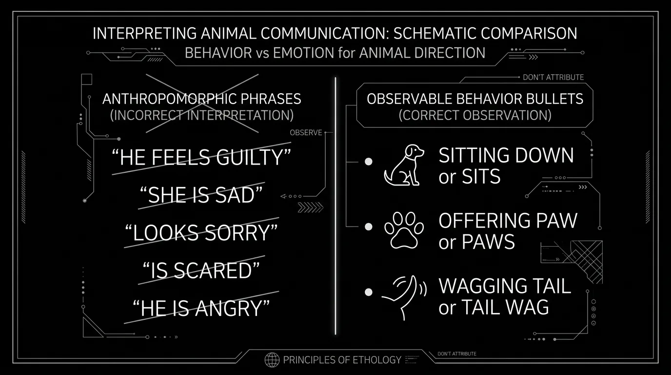 A visual showing behavior-based animal direction vs. emotion-based direction; dark mode technical sketch, thin white lines on black background