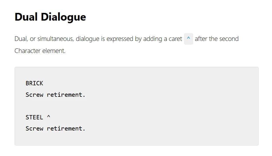 The Dual Dialogue section of the official Fountain syntax page: a caret after the second Character element, shown with BRICK and STEEL both saying Screw retirement